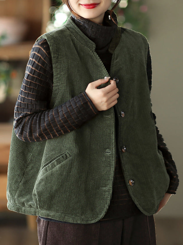 Plus Size Women Vintage Cotton Corduroy Loose Padded Vest