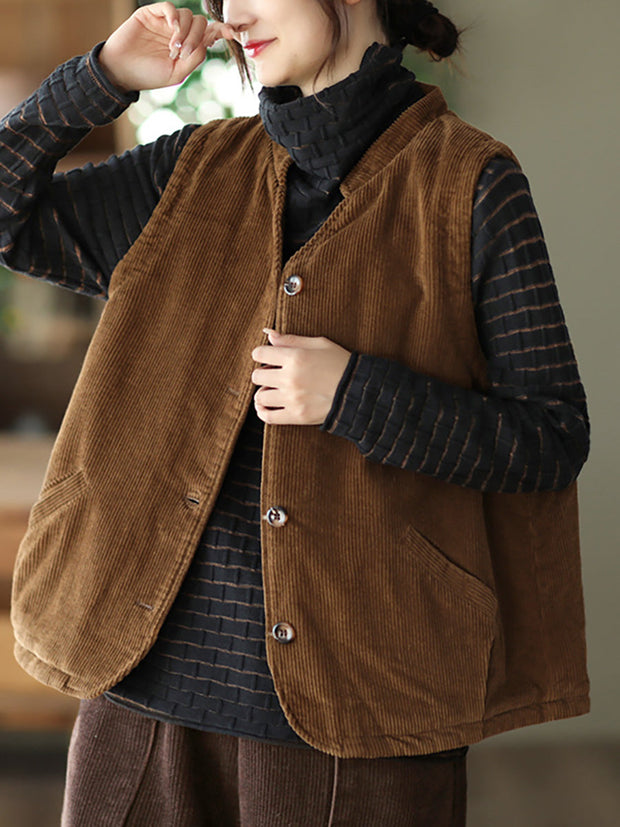 Plus Size Women Vintage Cotton Corduroy Loose Padded Vest