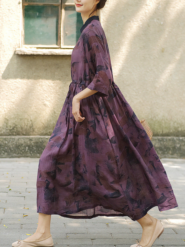 Plus Size Women Chinese Style Drawstring Print Loose Dress