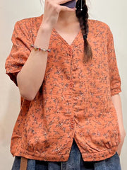 Plus Size Women Summer Floral Casual Button Loose Shirt