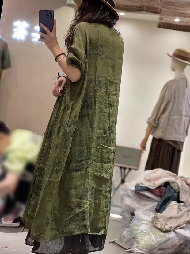 Plus Size Women Summer Pleat Print Stitching Loose Worn Ramie Dress