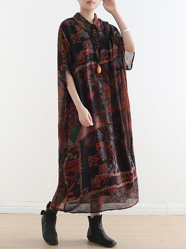 Plus Size Women Ethnic Flower Print Button Thin Polo Collar Dress