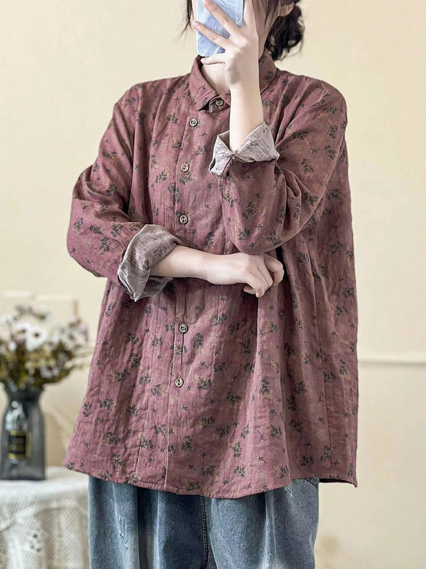 Plus Size Women Spring Vintage Floral Slant Closure Shirt