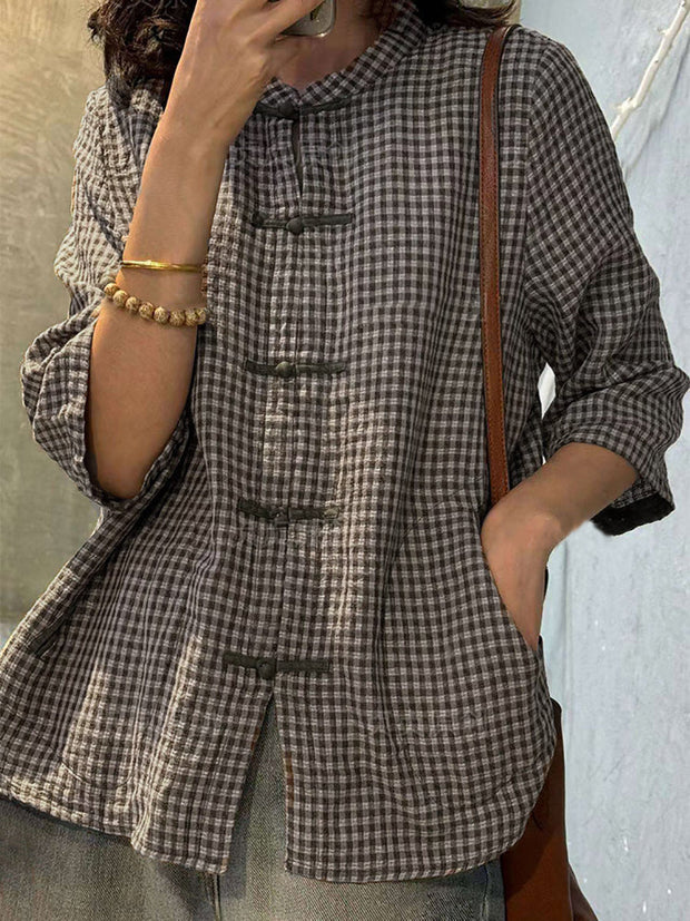 Plus Size Women Retro Plaid Summer Cotton Button-up Shirt