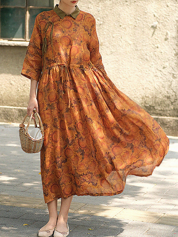 Plus Size Women Chinese Style Drawstring Print Loose Dress
