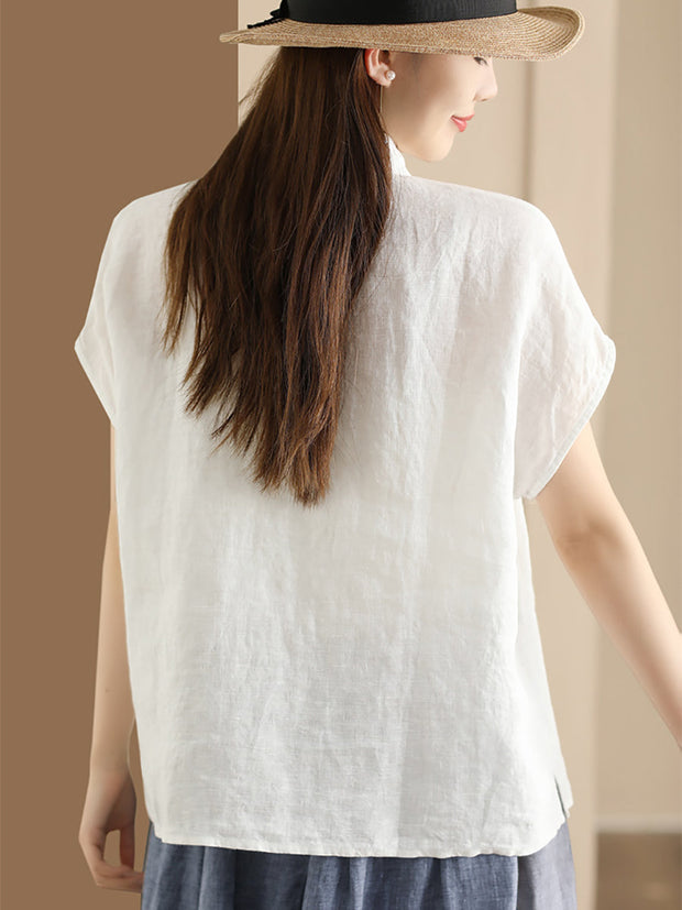 Plus Size Women Vintage Solid 100%Linen Button-up Shirt
