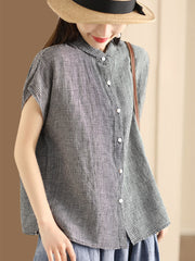 Plus Size Women Vintage Solid 100%Linen Button-up Shirt