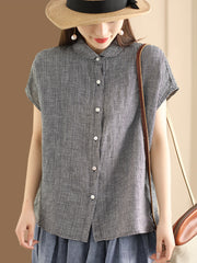 Plus Size Women Vintage Solid 100%Linen Button-up Shirt