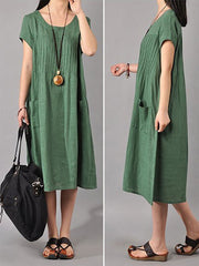 Plus Size  Women Cotton Linen Loose Fitting Dress in Green