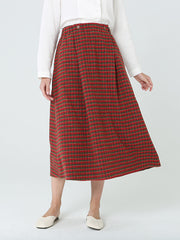 Plus Size Women Plaid Loose Spring Pocket Elastic Waist Skirt