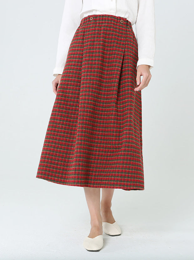 Plus Size Women Plaid Loose Spring Pocket Elastic Waist Skirt
