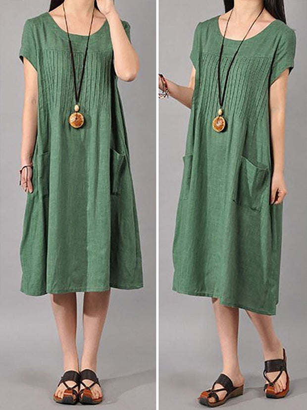 Plus Size  Women Cotton Linen Loose Fitting Dress in Green