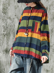 Plus Size Vintage Striped Long Sleeve 100%Cotton Shirt