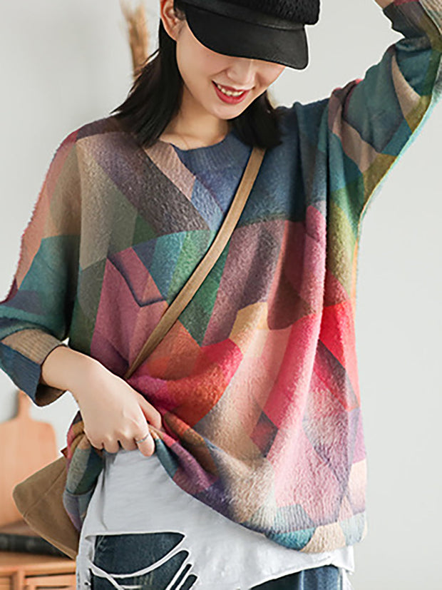 Plus Size Autumn Geometry Vintage Women Loose Sweater