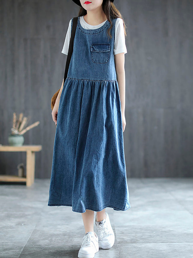 Plus Size - Denim Pleated Long Sleeveless Pinafore Dress