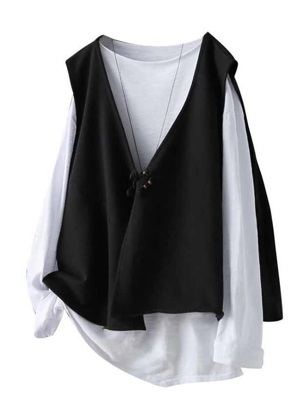 Plus Size Cotton Long Sleeve T-Shirt and Loose Vest