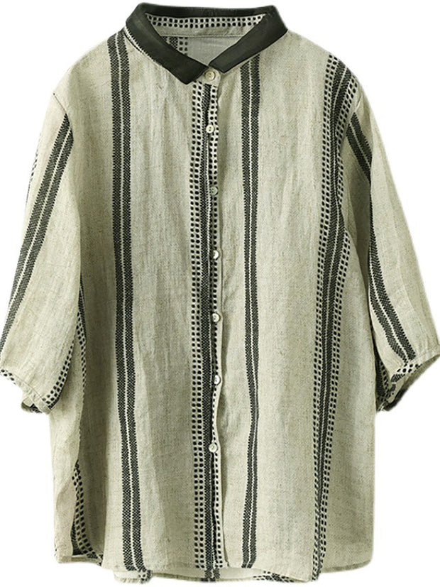 Plus Size Vintage Stripe Ramie Casual Summer Women Shirt