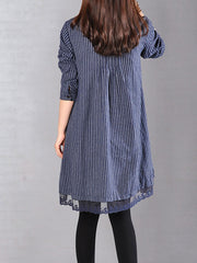 Plus Size - Loose Cotton Linen Printing Lace Hem Dress
