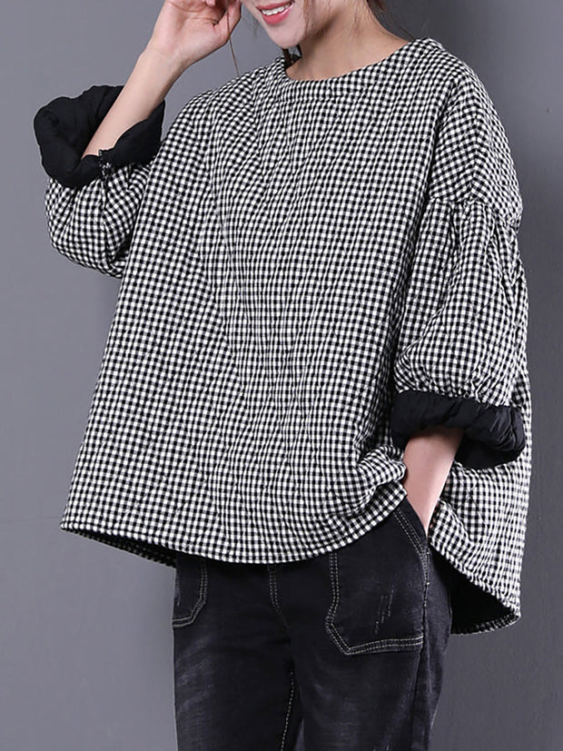 Plus Size - Plaid Loose Blouse Three Quarter Sleeve Top