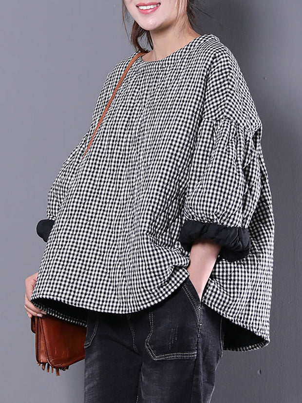 Plus Size - Plaid Loose Blouse Three Quarter Sleeve Top