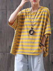 Plus Size - Buykud 100% Cotton Striped Casual T-Shirt