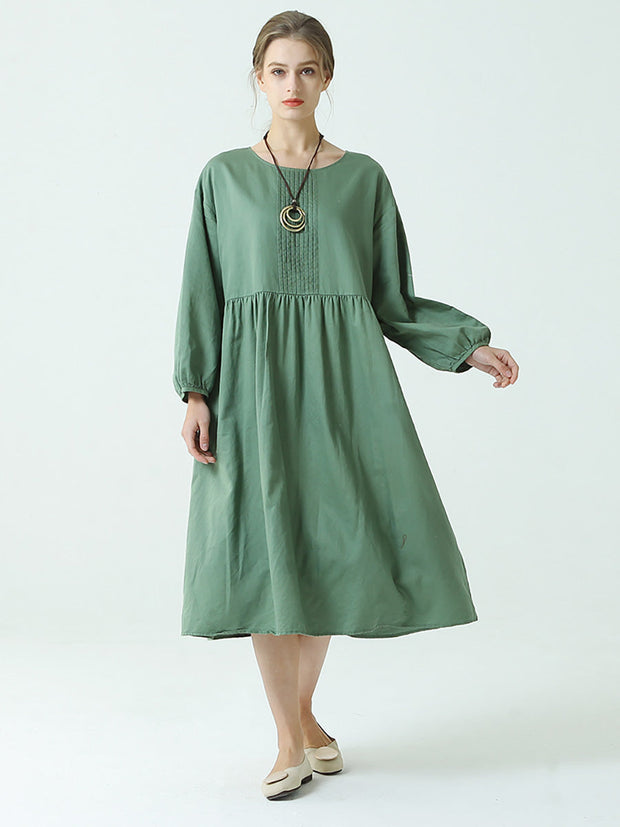 Plus Size Linen Cotton Pleated Spring Long Sleeve Dress