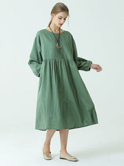 Plus Size Linen Cotton Pleated Spring Long Sleeve Dress