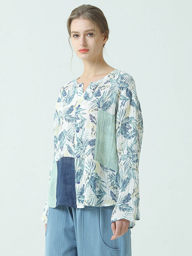 Plus Size Linen Women Prints Pullover Patchwork Loose T Shirt