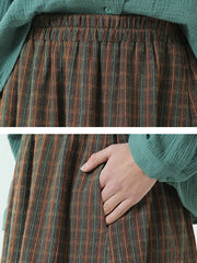 Plus Size Spring Elastic Waist Plaid Loose Vintage Long Skirt M-2XL