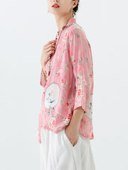 PLUS Size - Linen Floral Print Vintage Casual Irregular Shirt