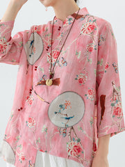 PLUS Size - Linen Floral Print Vintage Casual Irregular Shirt