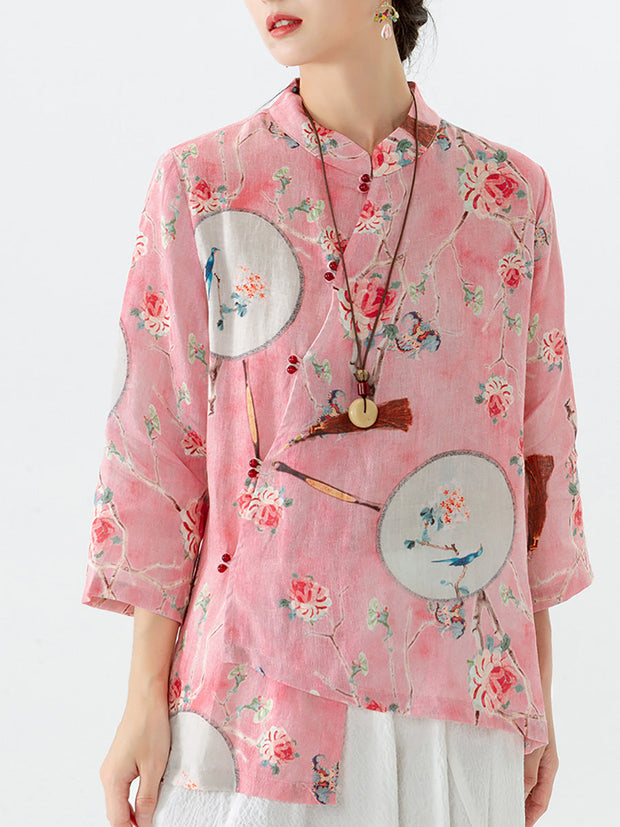 PLUS Size - Linen Floral Print Vintage Casual Irregular Shirt