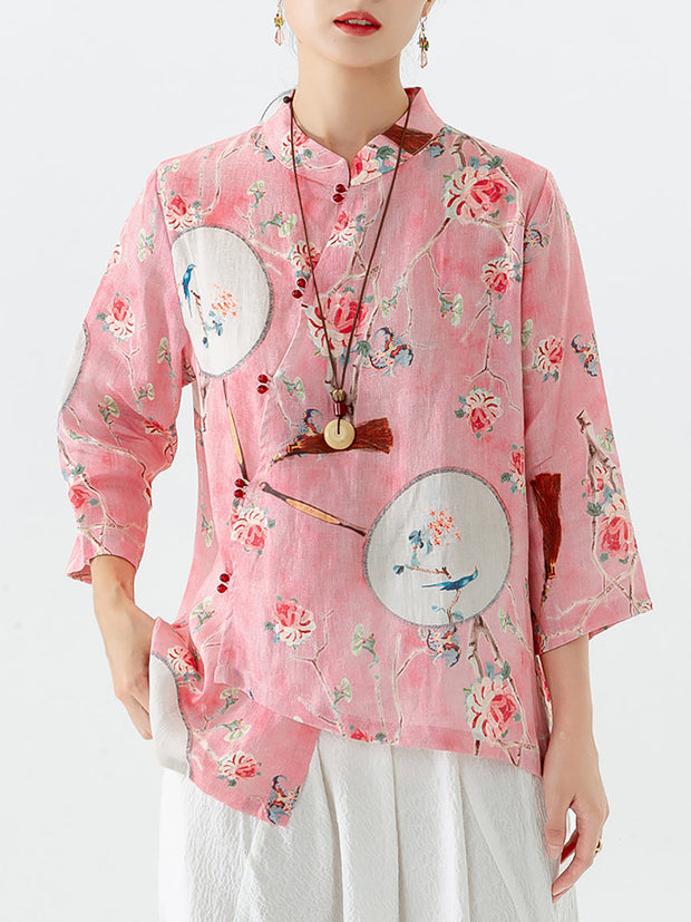 PLUS Size - Linen Floral Print Vintage Casual Irregular Shirt