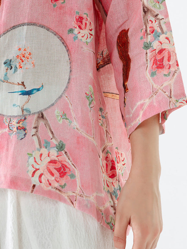 PLUS Size - Linen Floral Print Vintage Casual Irregular Shirt