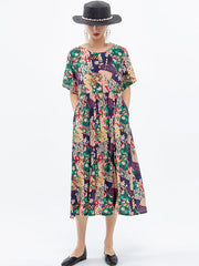 Plus Size - Floral Prints Short Sleeve Summer Loose Dress