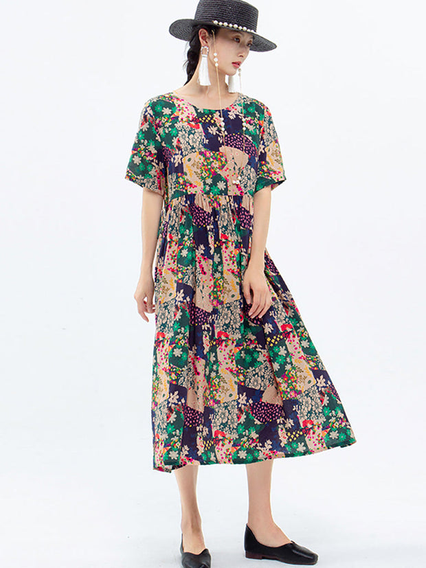 Plus Size - Floral Prints Short Sleeve Summer Loose Dress