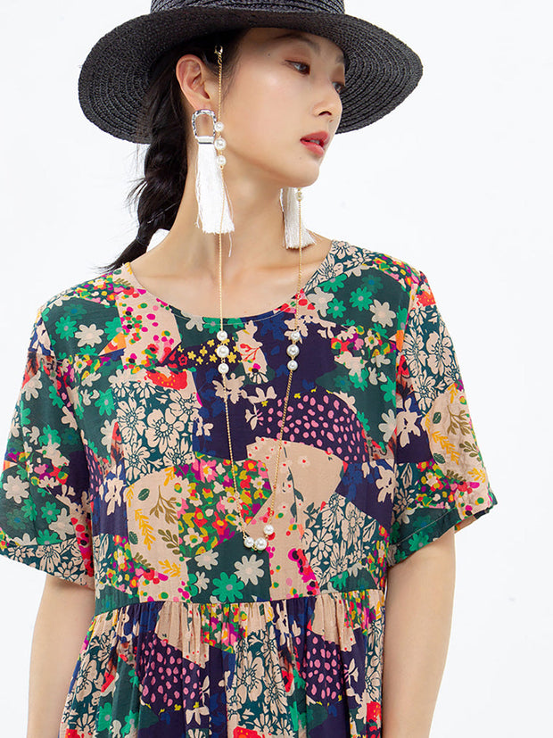 Plus Size - Floral Prints Short Sleeve Summer Loose Dress