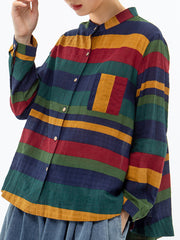 Plus Size Vintage Striped Long Sleeve 100%Cotton Shirt