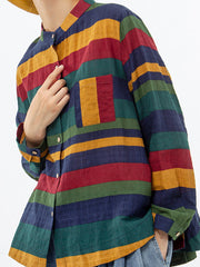 Plus Size Vintage Striped Long Sleeve 100%Cotton Shirt