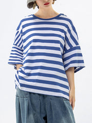Plus Size - Buykud 100% Cotton Striped Casual T-Shirt