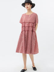 Plus Size 100%Cotton Short Sleeve Plaid Dress