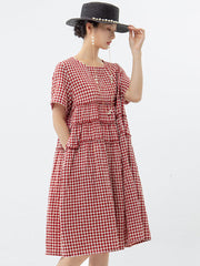 Plus Size 100%Cotton Short Sleeve Plaid Dress