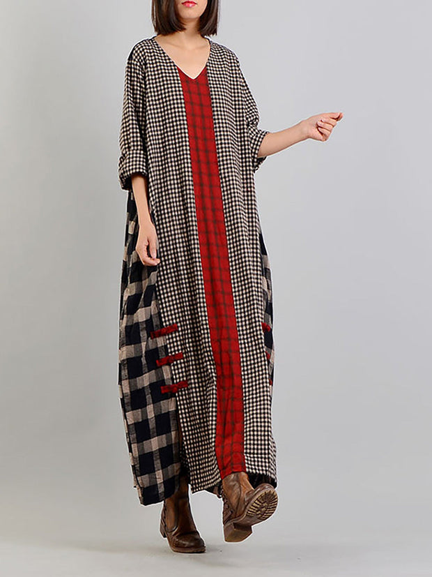 Plus Size Different Colored Plaid Retro Cotton Linen Dress