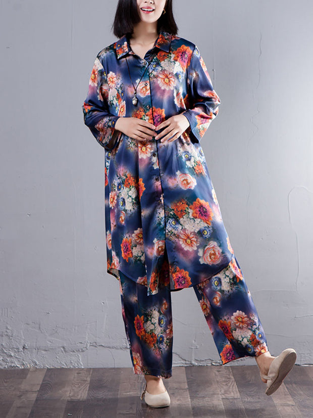 Plus Size Spring Women Suit Single Breasted Shirt Floral Printed Pants