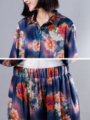 Plus Size Spring Women Suit Single Breasted Shirt Floral Printed Pants