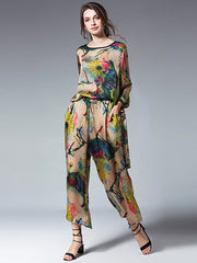 Plus Size Loose Floral Shirt And Wide Leg Pants