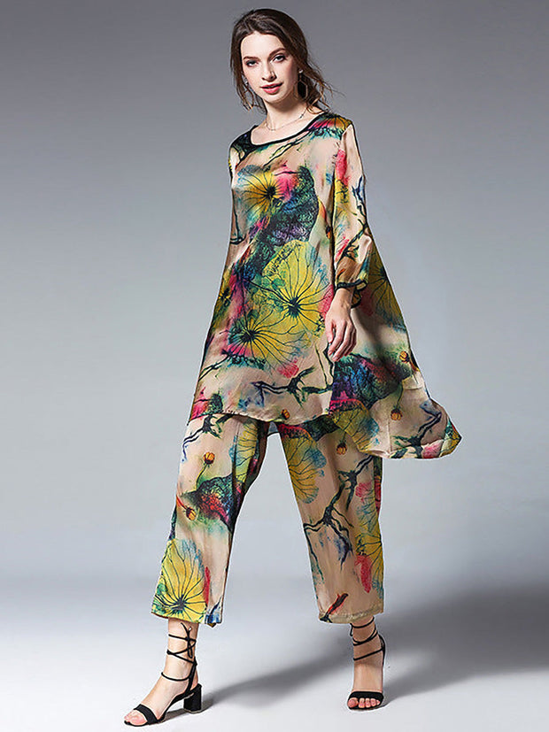 Plus Size Loose Floral Shirt And Wide Leg Pants