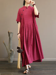 Plus Size Pleated Plaid Vintage Women Chinese Style Dress