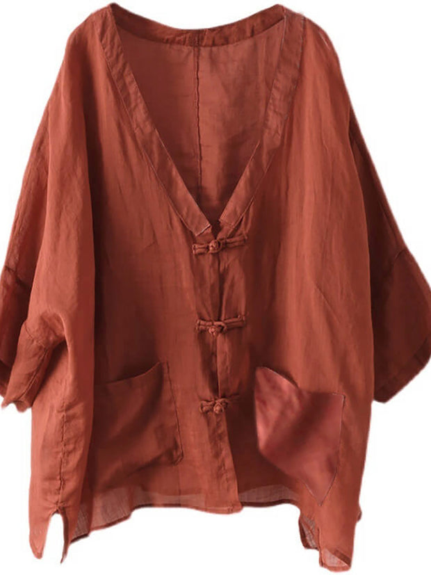 Plus Size - Ramie Pocket Vintage Sunscreen Cardigans Top