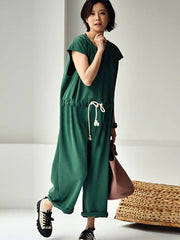 Plus Size - 100% Cotton Solid Color Drawstring Jumpsuits